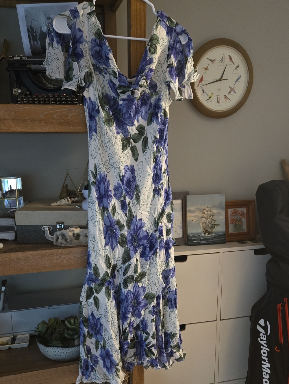 Vintage 90's Floral V-Neck Maxi Dress in Blue and White.